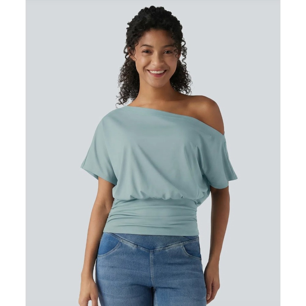 Halara Women Large Off the Shoulder Ruched Dolman Sleeve Top Light Blue NWT